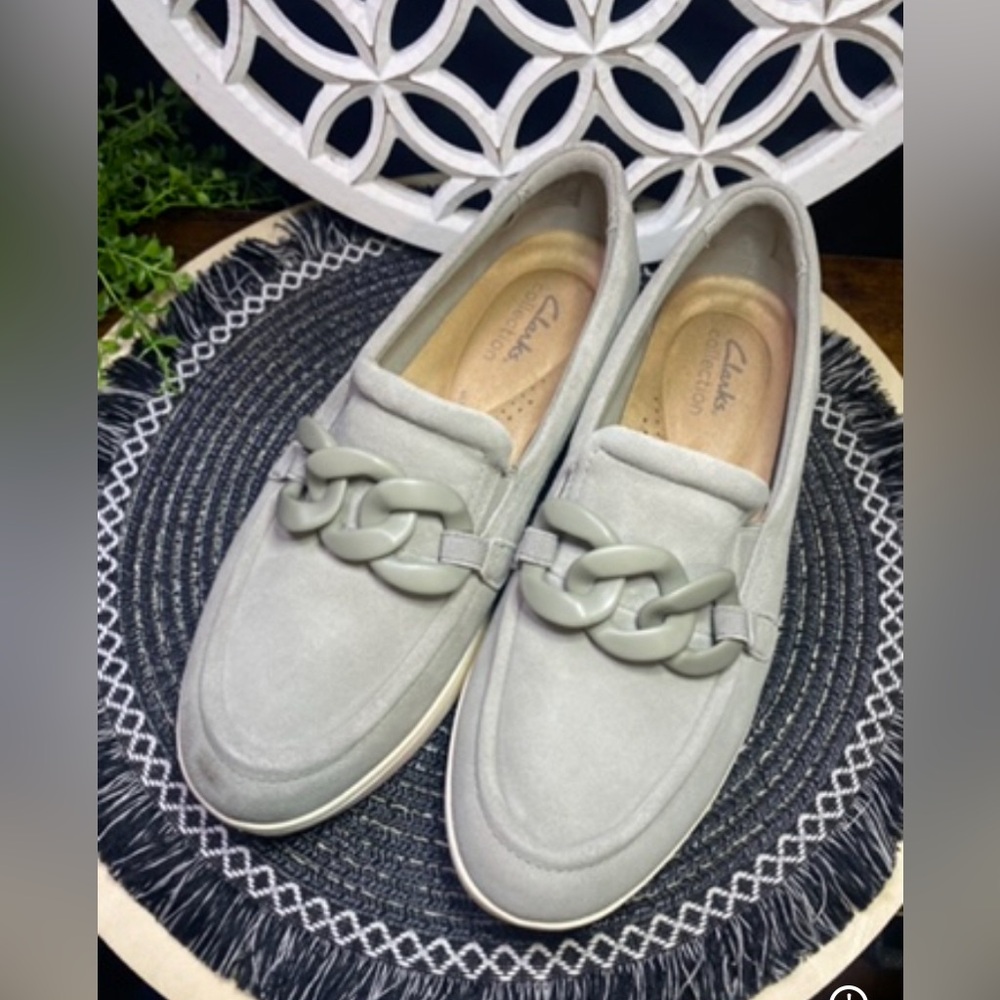Clarks Light Gray Suede Chain-Trim Loafers